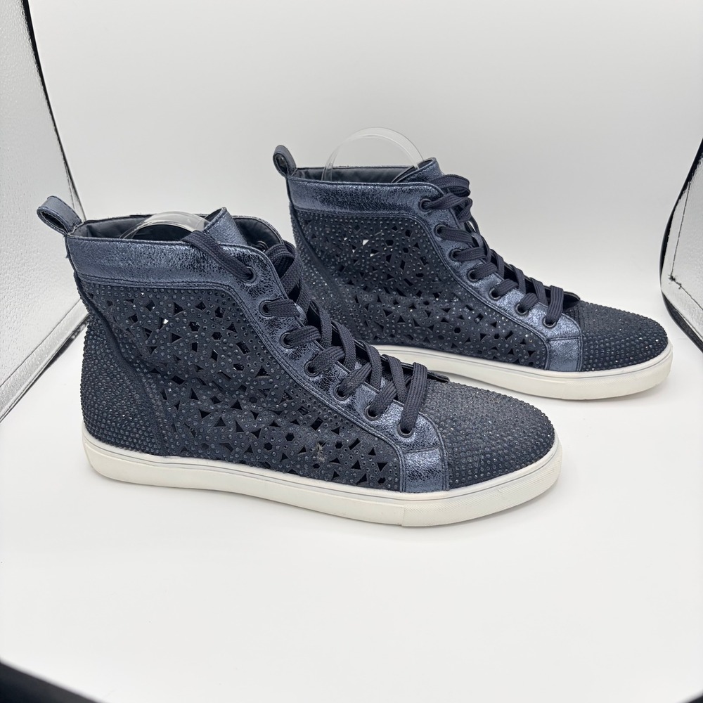 Lady Couture New York High Top Sneaker 40 Navy Blue Rhinestone Laser Cut Shoe